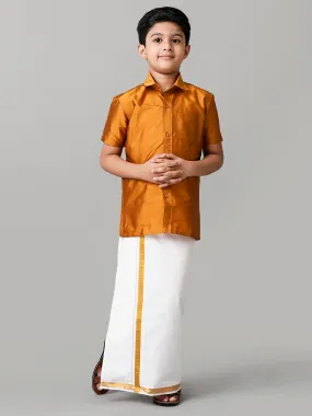 Boys Silk Cotton Mustard Half Sleeves Shirt with Adjustable White Dhoti Combo K37