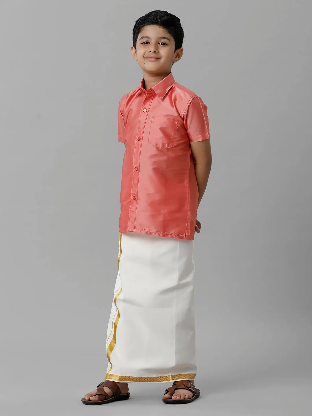 Boys Silk Cotton Pink Half Sleeves Shirt with Adjustable Cream Dhoti Combo K45