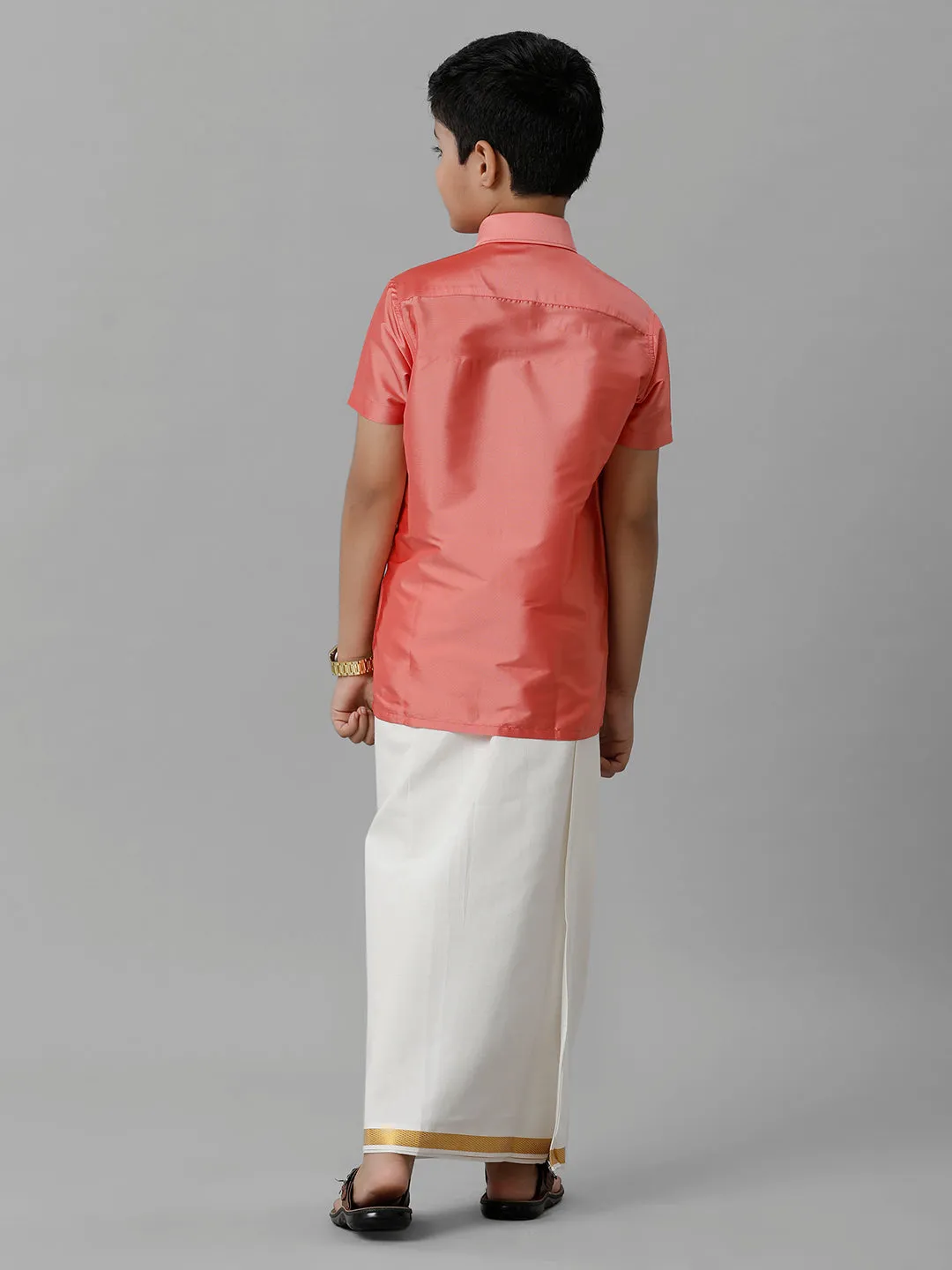 Boys Silk Cotton Pink Half Sleeves Shirt with Adjustable Cream Dhoti Combo K45