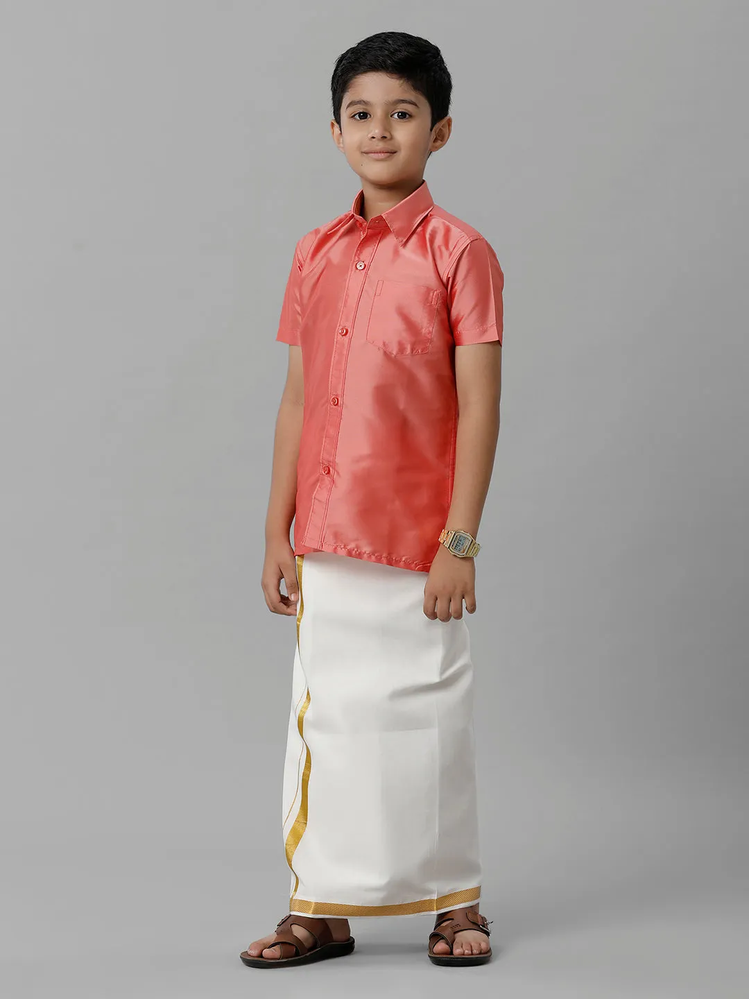 Boys Silk Cotton Pink Half Sleeves Shirt with Adjustable Cream Dhoti Combo K45