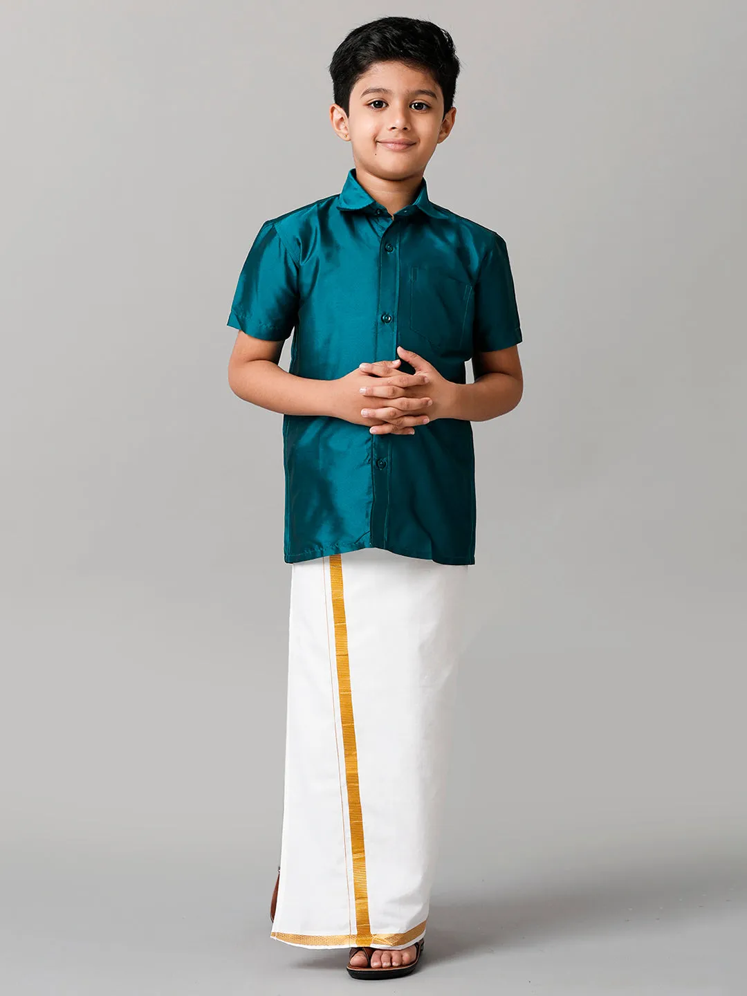 Boys Silk Cotton Ramar Green Half Sleeves Shirt with Adjustable White Dhoti Combo K3