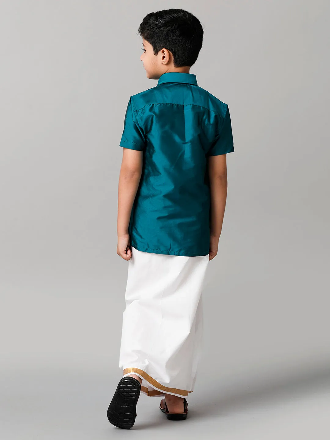 Boys Silk Cotton Ramar Green Half Sleeves Shirt with Adjustable White Dhoti Combo K3