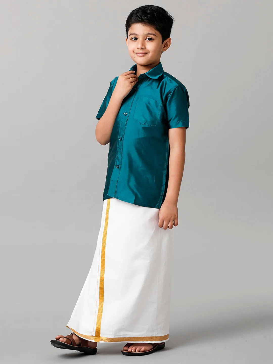 Boys Silk Cotton Ramar Green Half Sleeves Shirt with Adjustable White Dhoti Combo K3