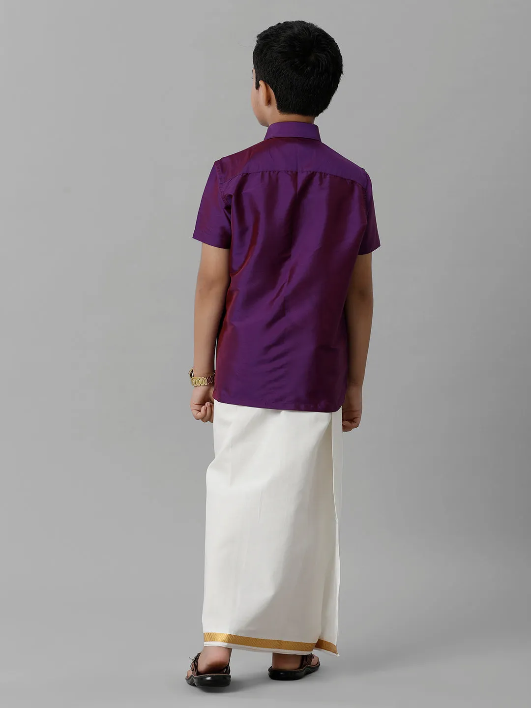 Boys Silk Cotton Violet Half Sleeves Shirt with Adjustable Cream Dhoti Combo K21