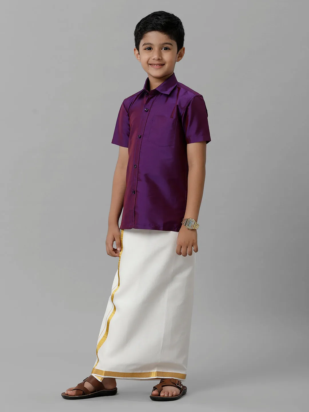 Boys Silk Cotton Violet Half Sleeves Shirt with Adjustable Cream Dhoti Combo K21