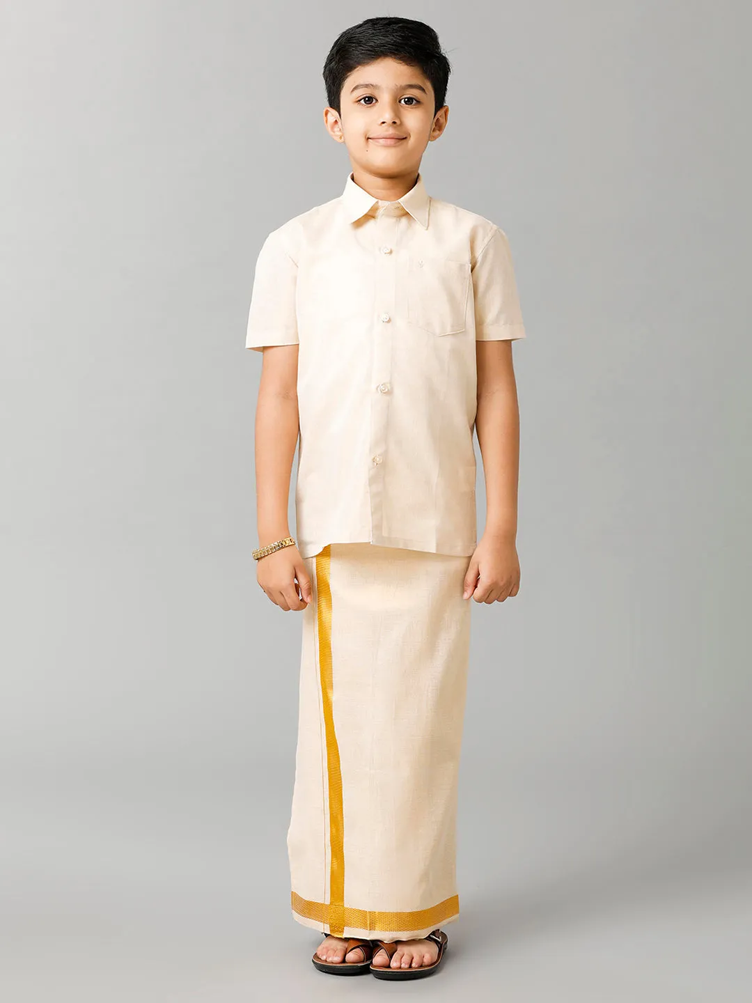 Boys Tissue Jari Half Sleeve Shirt Dhoti Set Sankalpam Gold