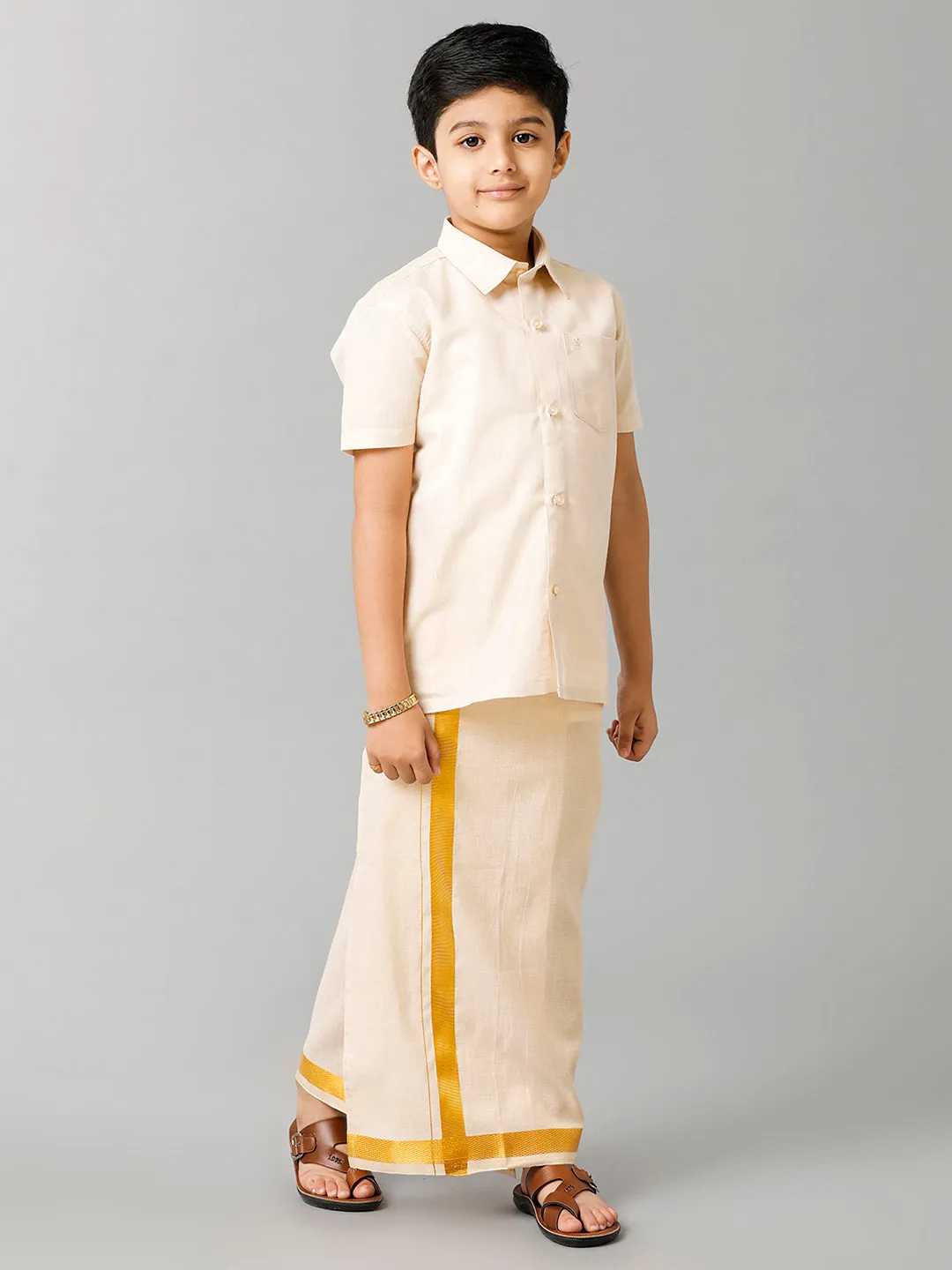 Boys Tissue Jari Half Sleeve Shirt Dhoti Set Sankalpam Gold