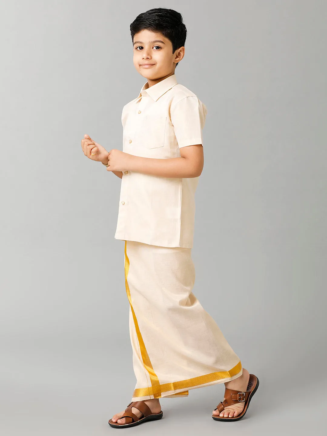 Boys Tissue Jari Half Sleeve Shirt Dhoti Set Sankalpam Gold