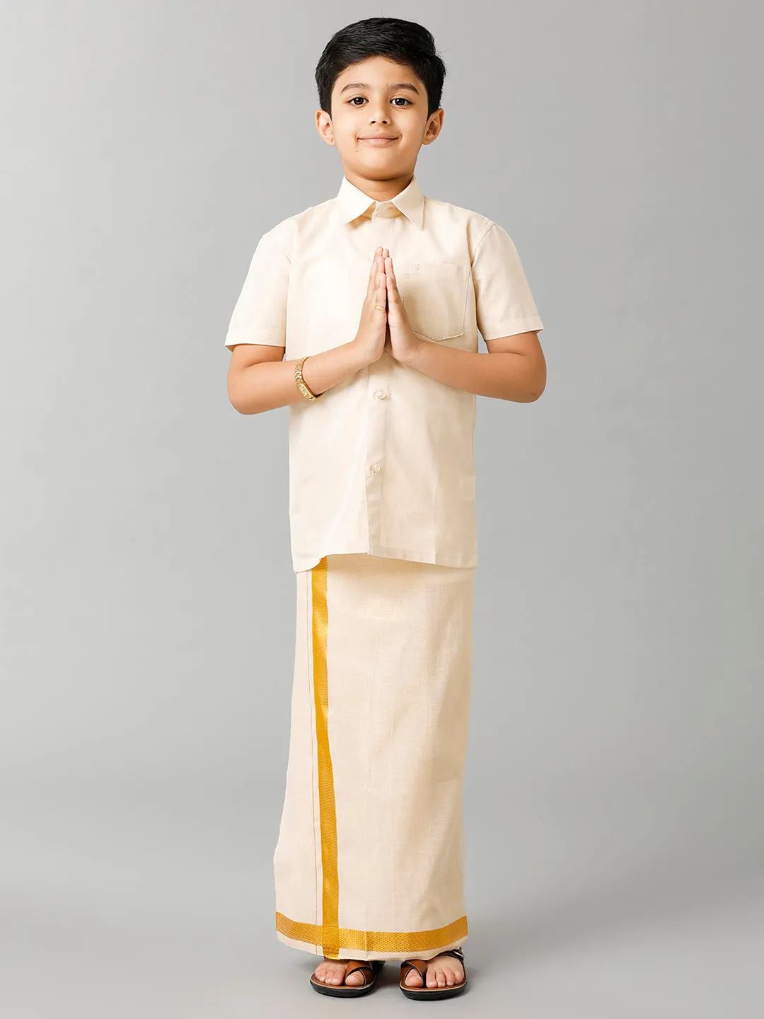 Boys Tissue Jari Half Sleeve Shirt Dhoti Set Sankalpam Gold