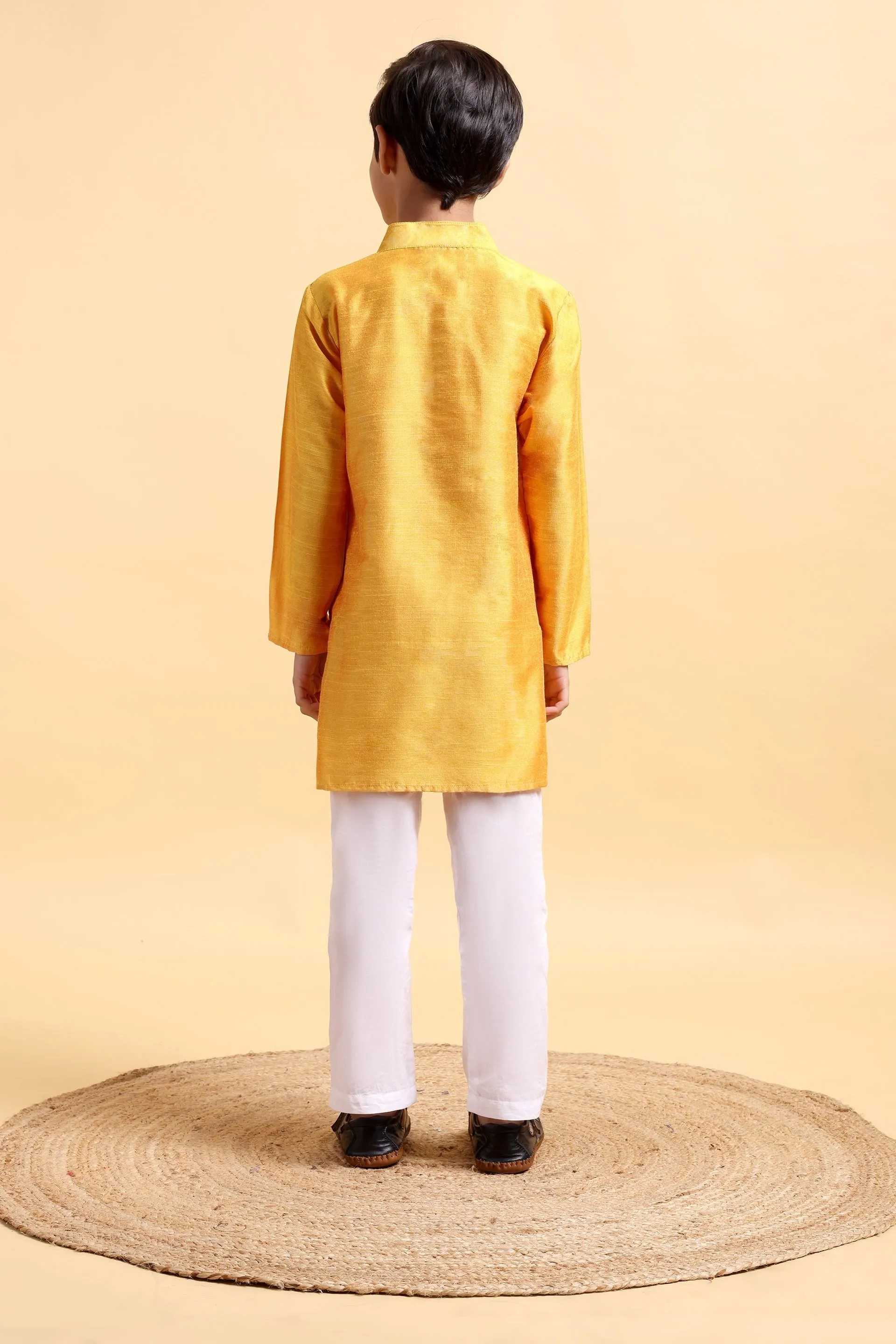 Boys Yellow embroidery Cotton silk Kurta & Pajama Set