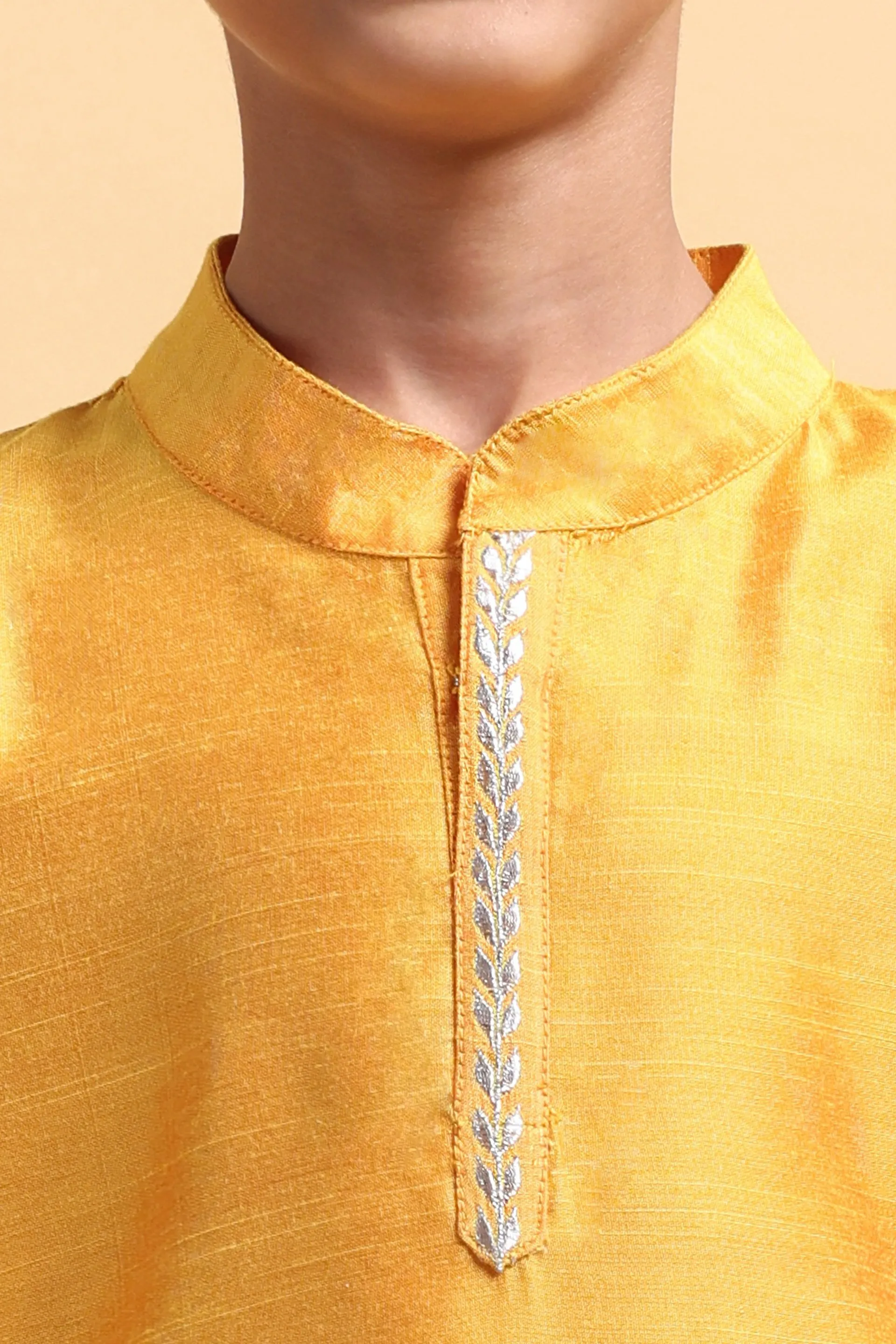 Boys Yellow embroidery Cotton silk Kurta & Pajama Set