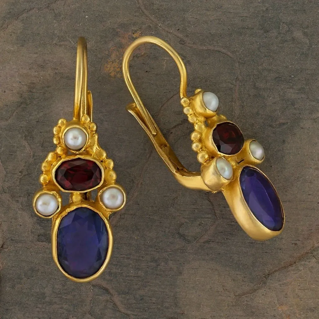 Brighton Iolite, Garnet and Pearl Earrings