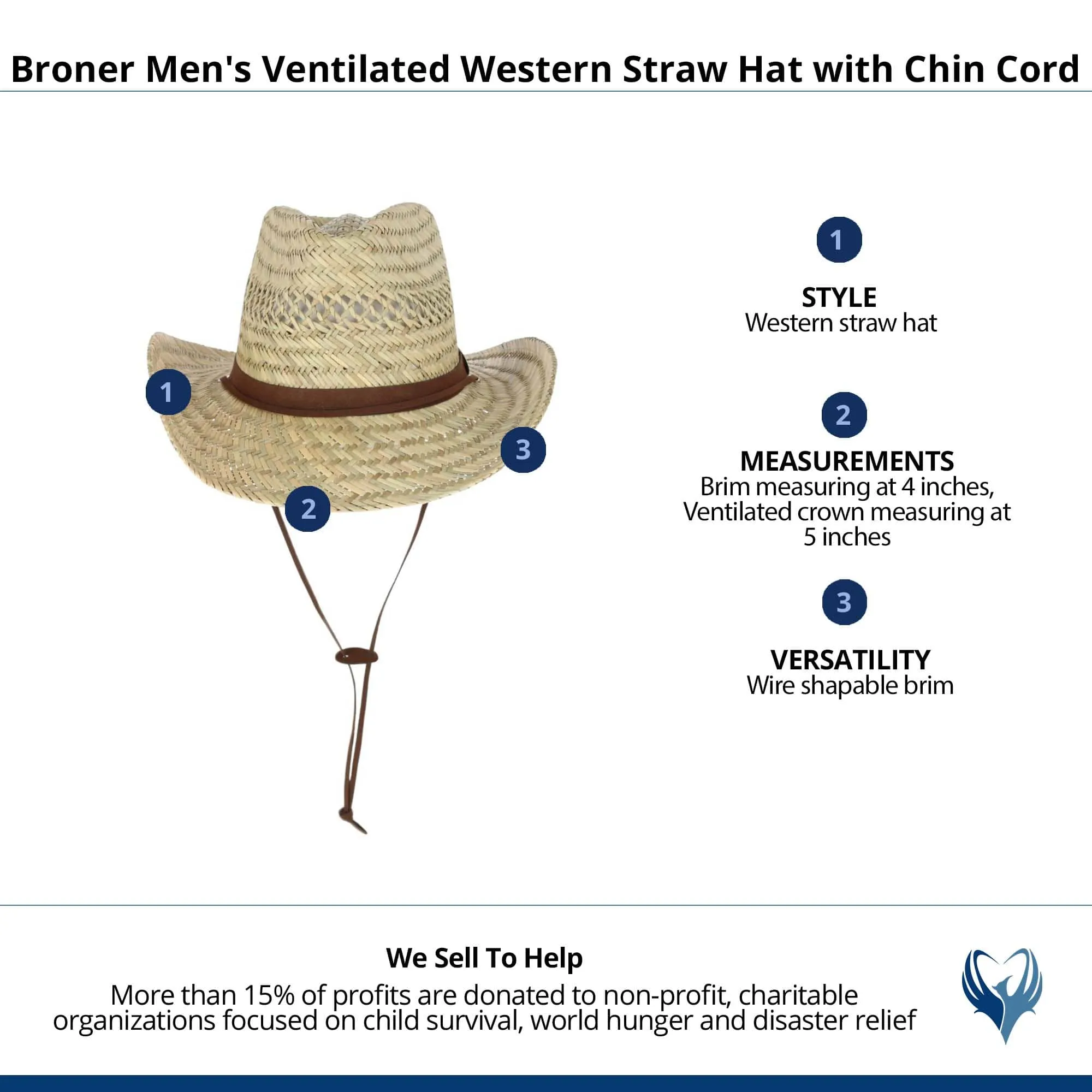 Broner Men's Ventilated Western Straw Hat with Chin Cord