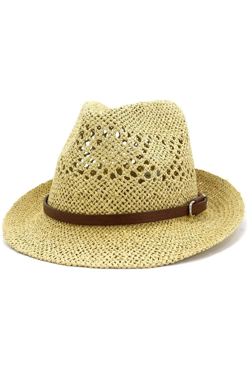 BROWN BELT WOVEN STRAW HAT