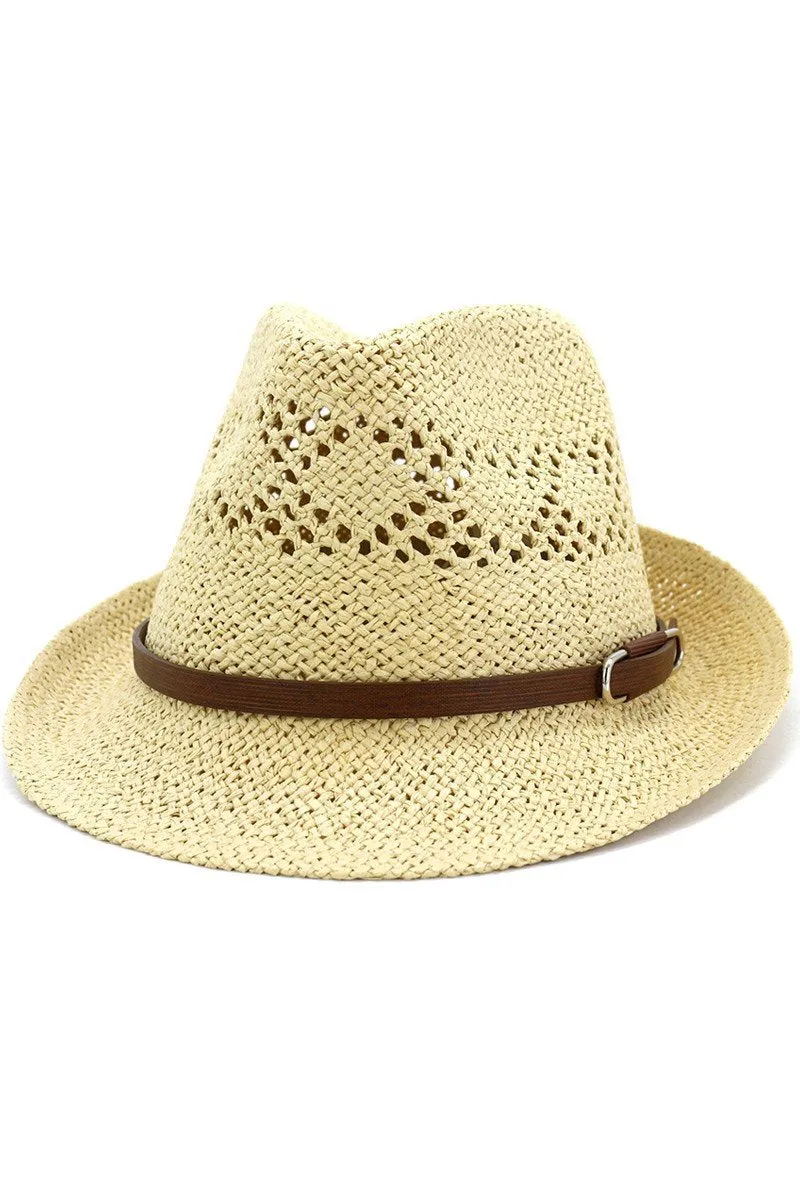 BROWN BELT WOVEN STRAW HAT