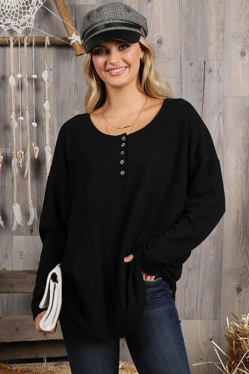 BUTTON PLACKET DETAILED LONG SLEEVE WAFFLE TOP