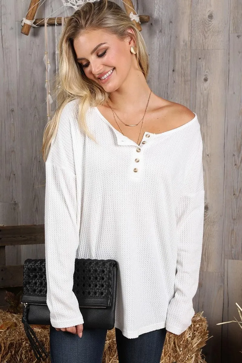 BUTTON PLACKET DETAILED LONG SLEEVE WAFFLE TOP