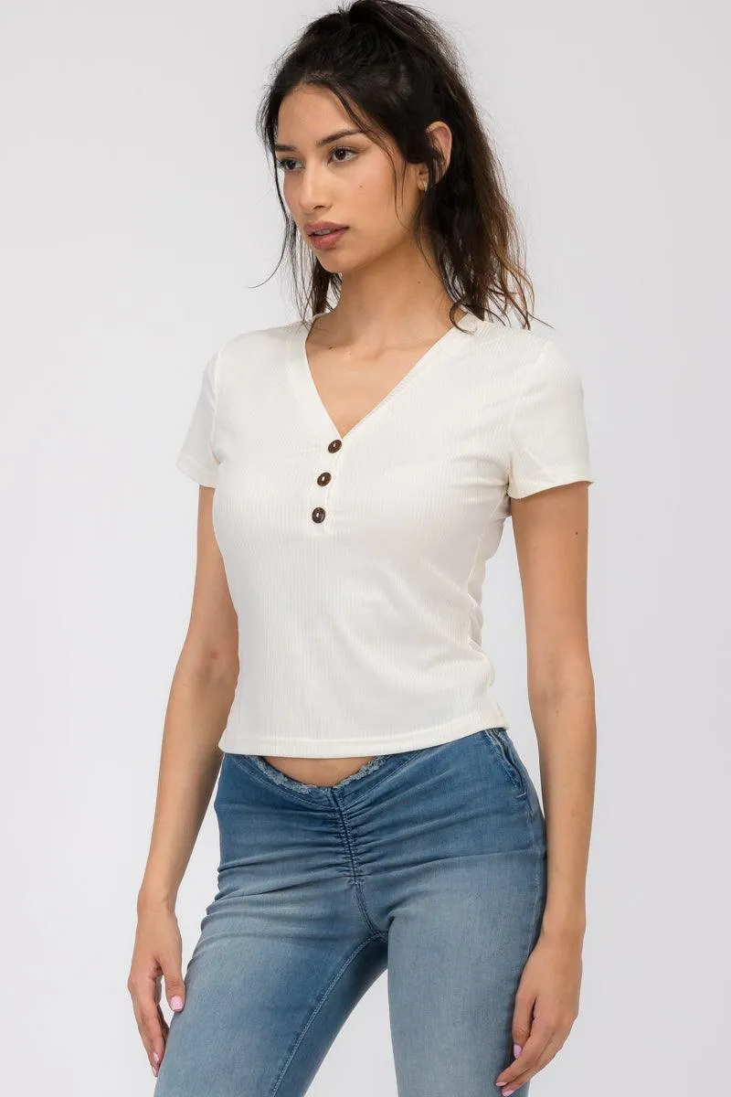 Button V-Neck Ribbed Short Sleeve T-Shirt Top - Ivory