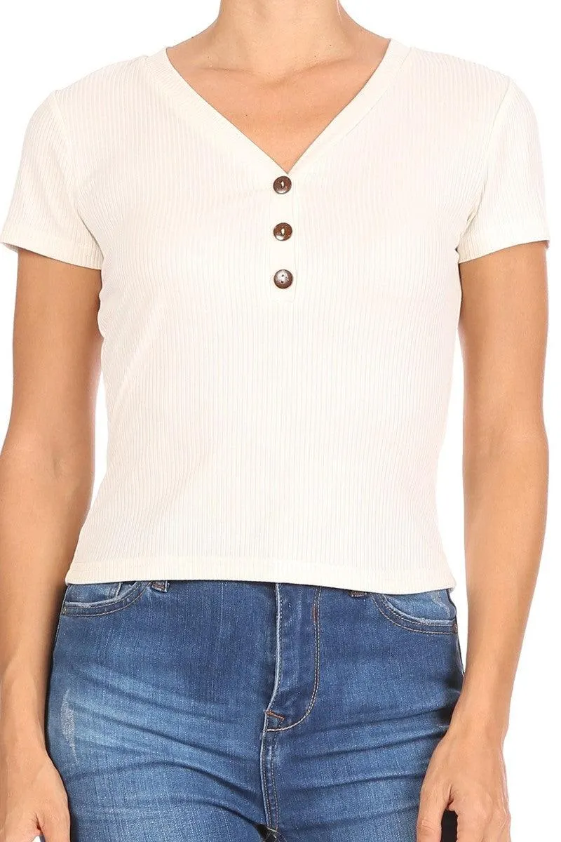 Button V-Neck Ribbed Short Sleeve T-Shirt Top - Ivory