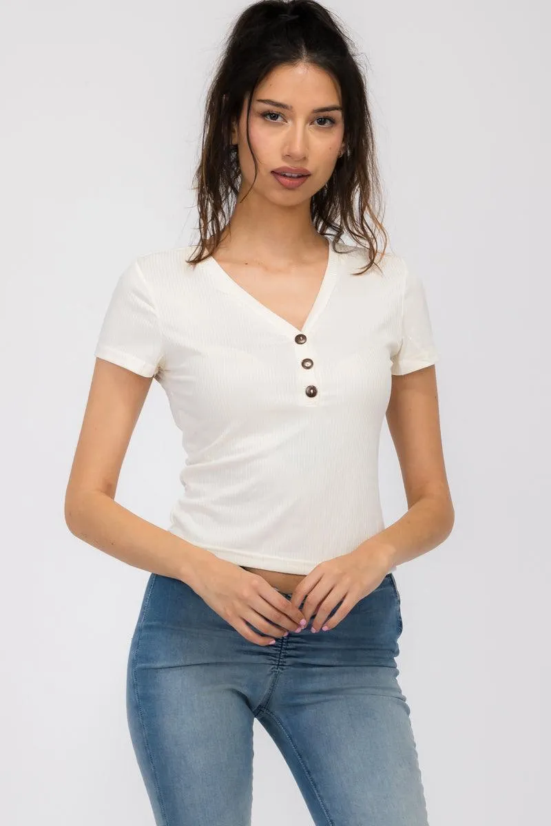 Button V-Neck Ribbed Short Sleeve T-Shirt Top - Ivory