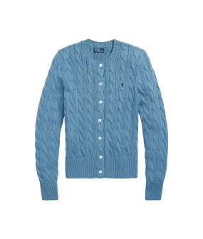 Cable-knit Cotton Crewneck Cardigan - Blue