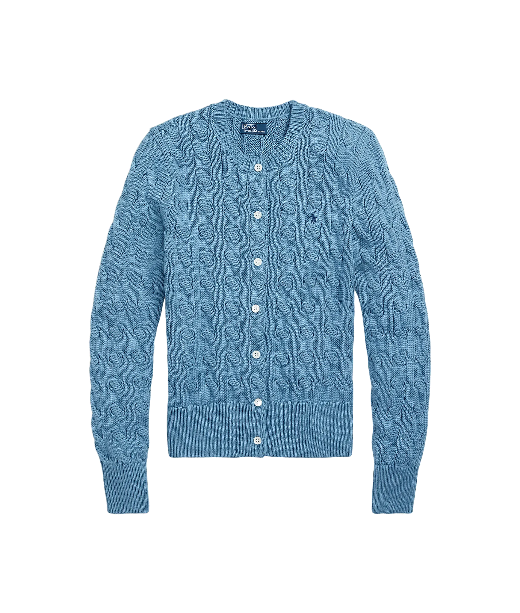 Cable-knit Cotton Crewneck Cardigan - Blue