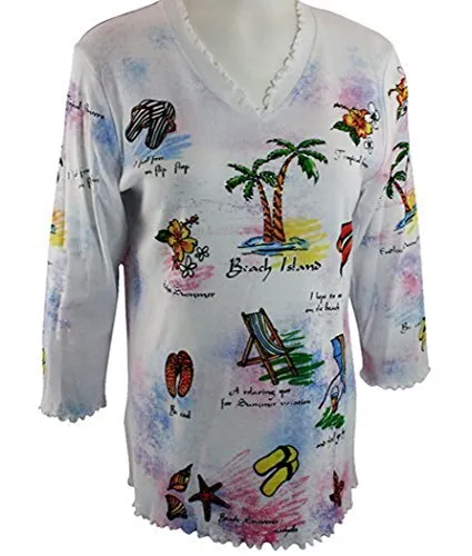 Cactus Fashion Sleeve, Ruffled V-Neck, Printed Cotton, White Fashion Top Sandal