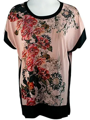 Cactus Fashion - Vertical Flowers, Short Sleeve, Color Block Rhinestone Top