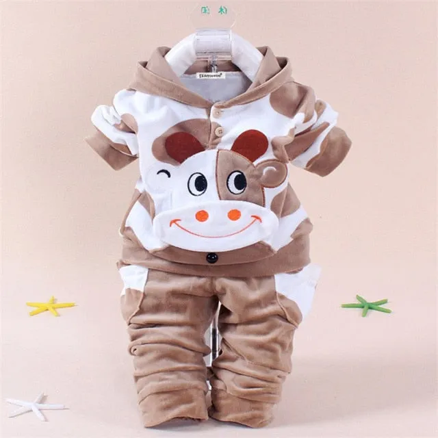 Cartoon Plush Long-Sleeved Sweatshirt with Hoodie and Pants - Set for Baby and Kids