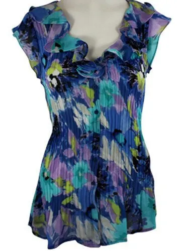 Cathaya Cap Sleeve, Pleated Floral Print with a V-Neck Ruffle Collar