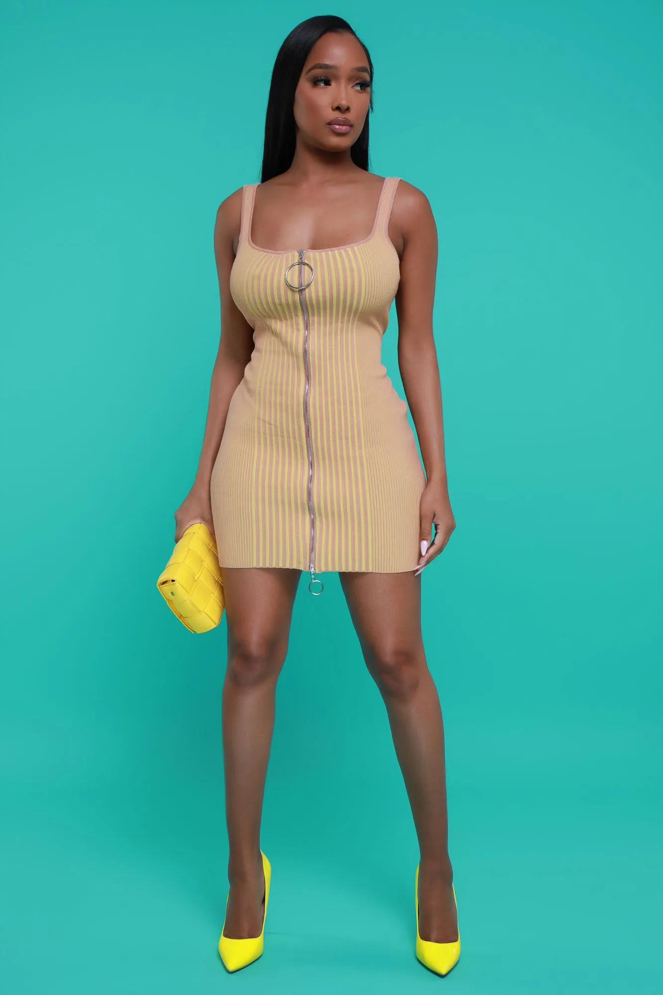 Caught Fire Ribbed Full Zip Mini Dress - Camel