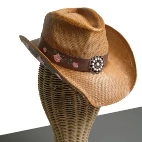 Chokore Embroidered Straw Cowboy Hat with Windproof Belt (Khaki)