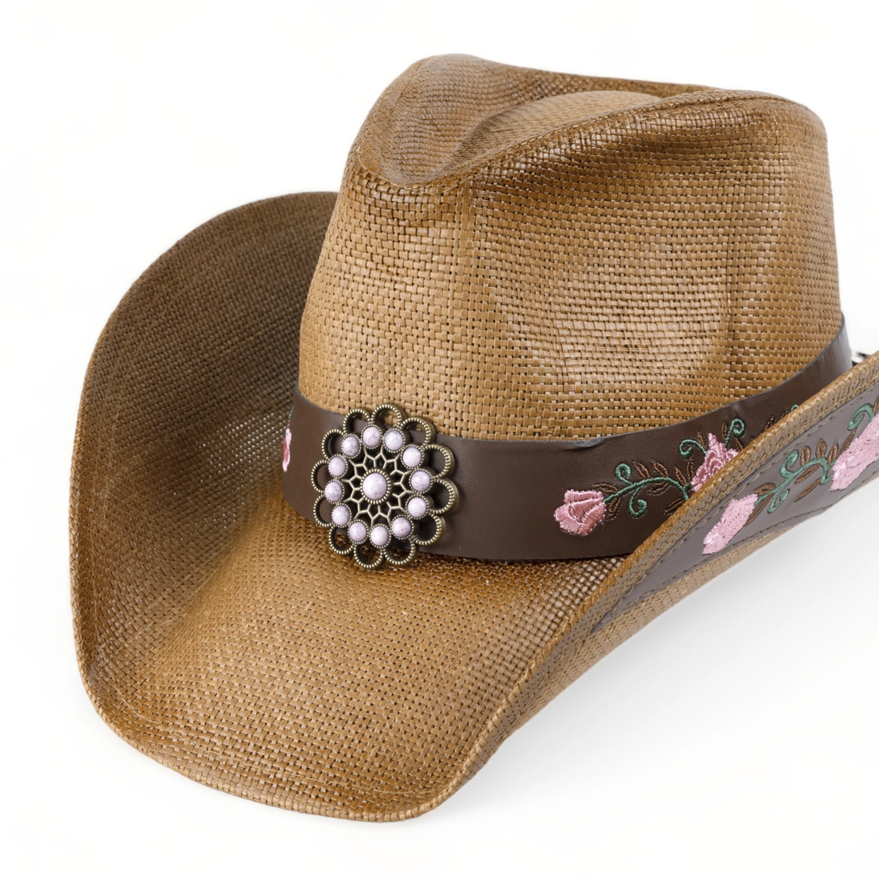 Chokore Embroidered Straw Cowboy Hat with Windproof Belt (Khaki)