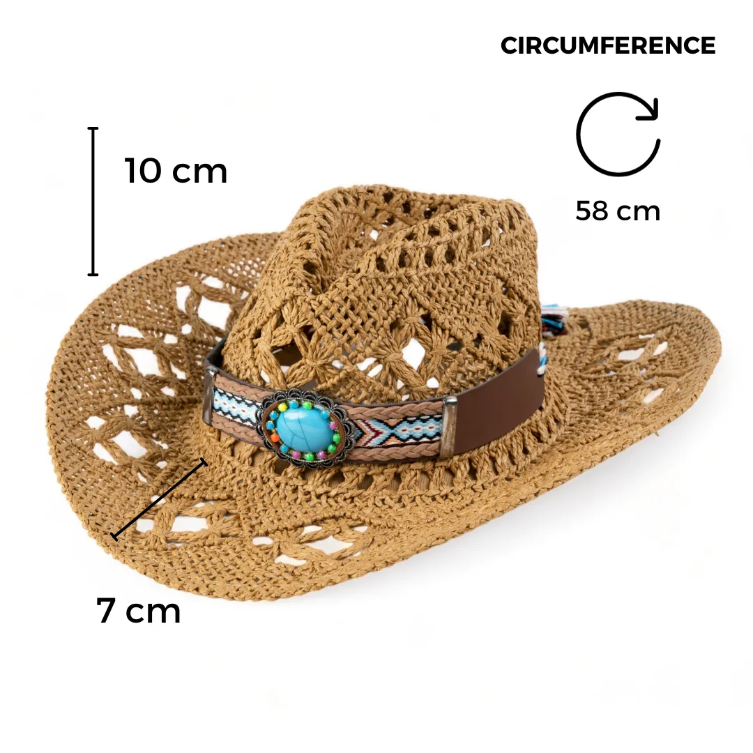 Chokore Handcrafted Straw Cowboy Hat with Tibetan Belt (Khaki)