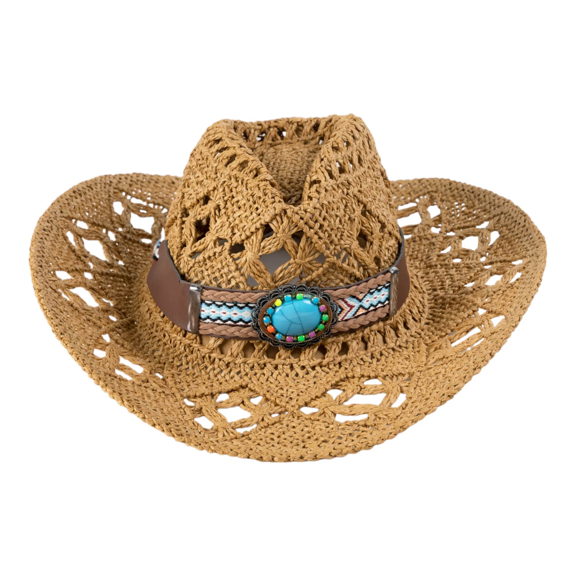 Chokore Handcrafted Straw Cowboy Hat with Tibetan Belt (Khaki)