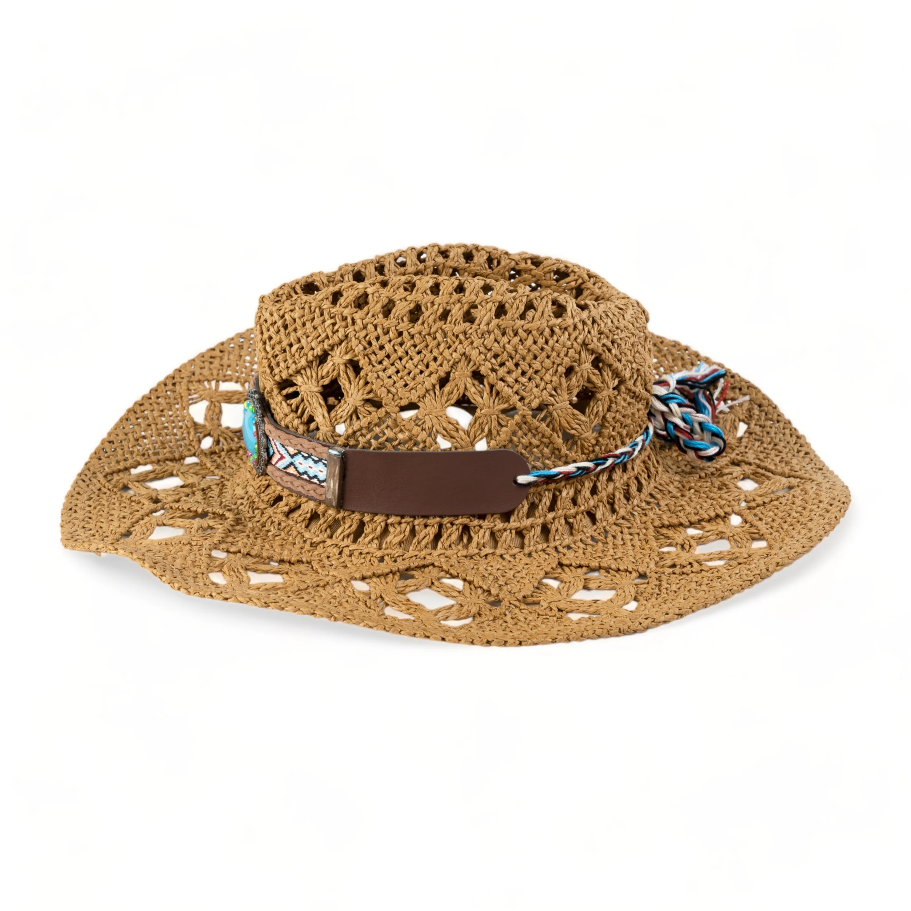 Chokore Handcrafted Straw Cowboy Hat with Tibetan Belt (Khaki)