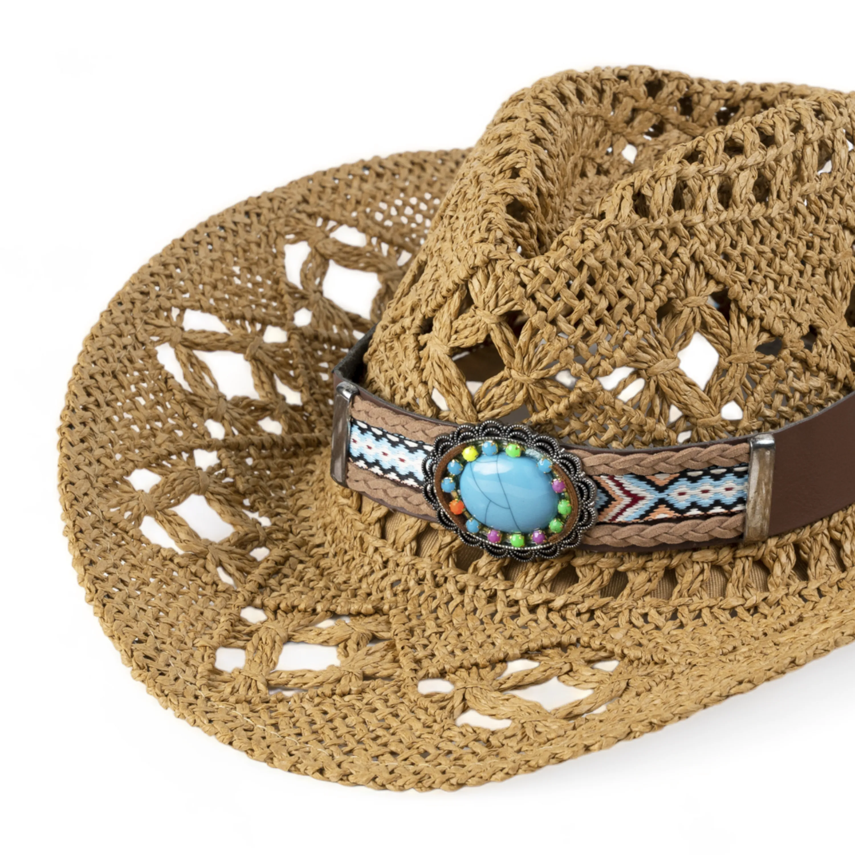 Chokore Handcrafted Straw Cowboy Hat with Tibetan Belt (Khaki)