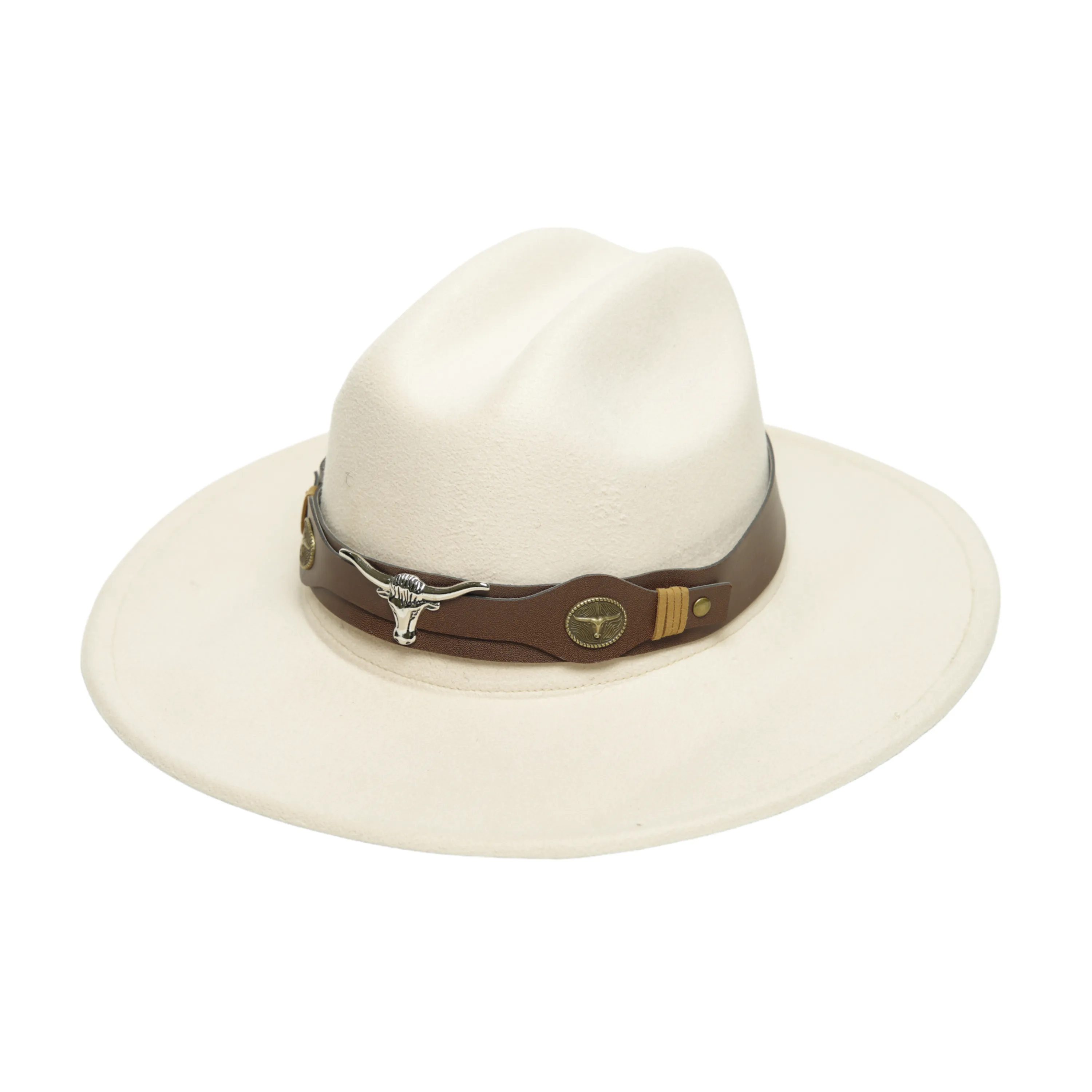 Chokore Pinched Cowboy Hat with Ox head belt  (Off White)