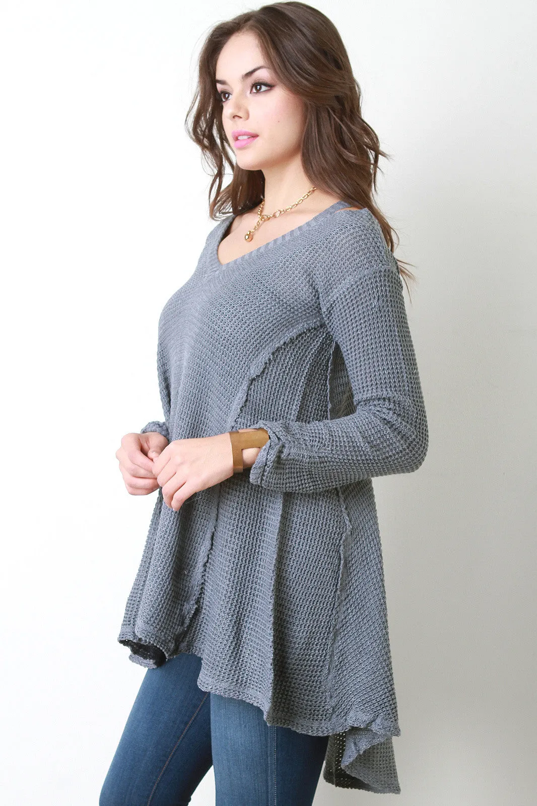 Cold Shoulder Slit High Low Sweater Top