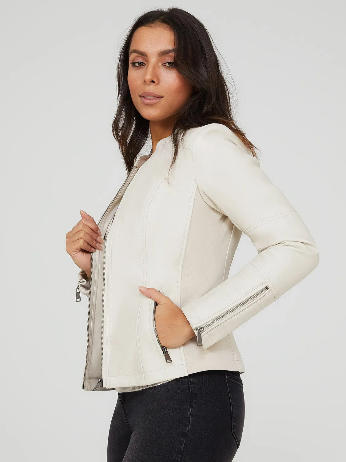 Collarless Faux Leather Jacket