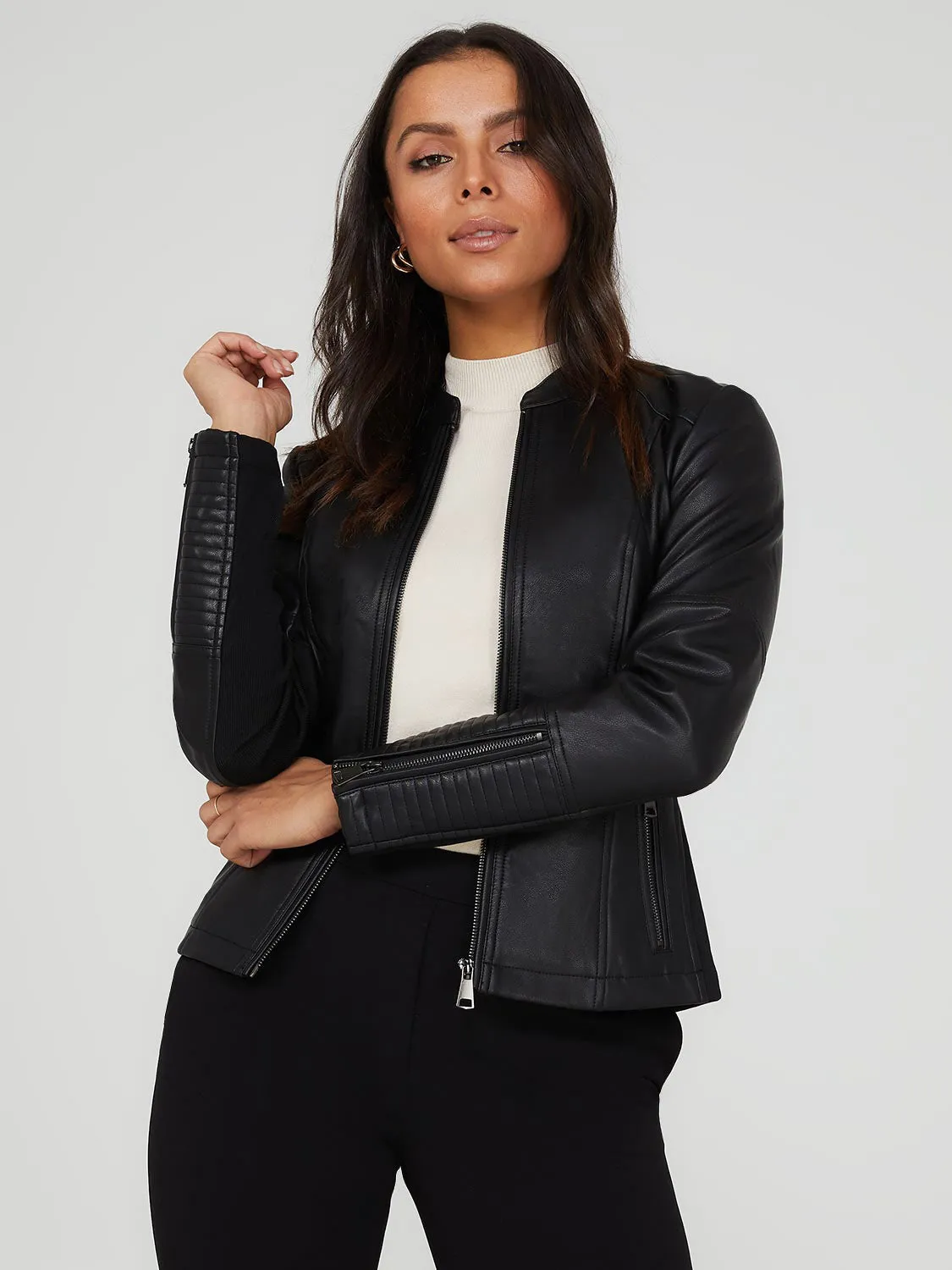 Collarless Faux Leather Jacket