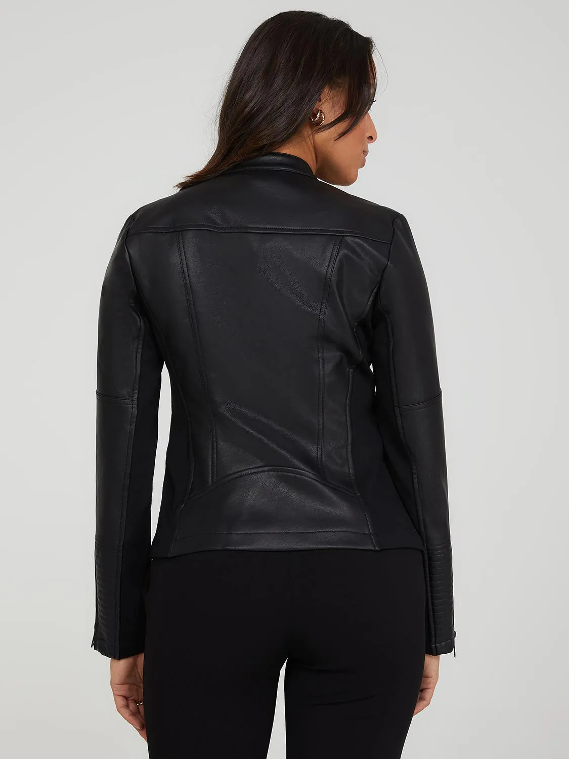 Collarless Faux Leather Jacket