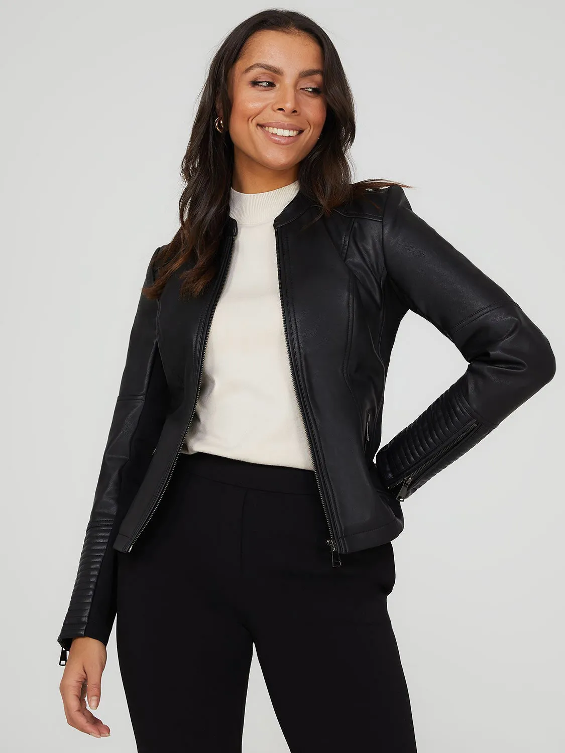 Collarless Faux Leather Jacket