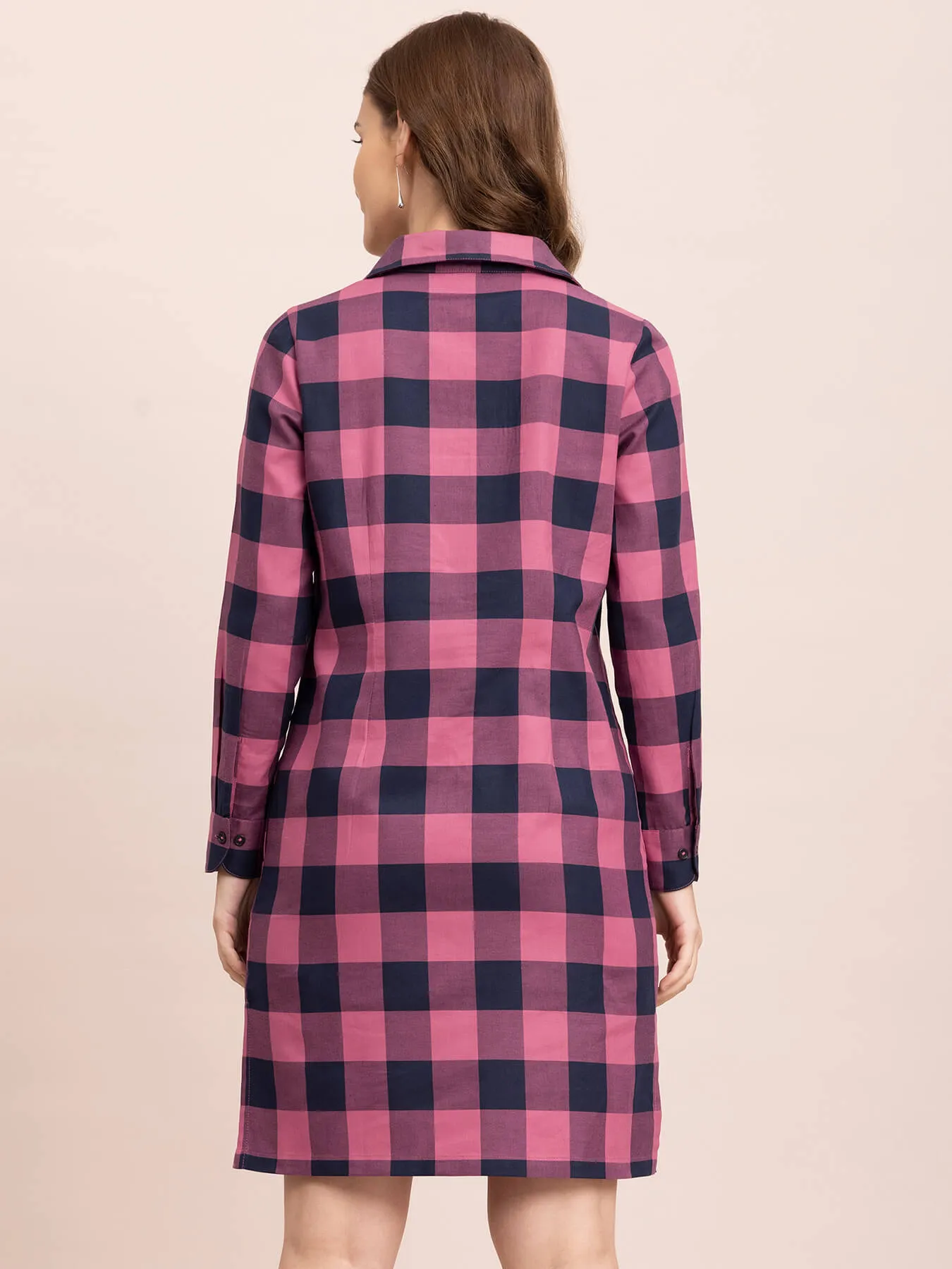 Cotton Checkered Shift Dress - Pink and Navy