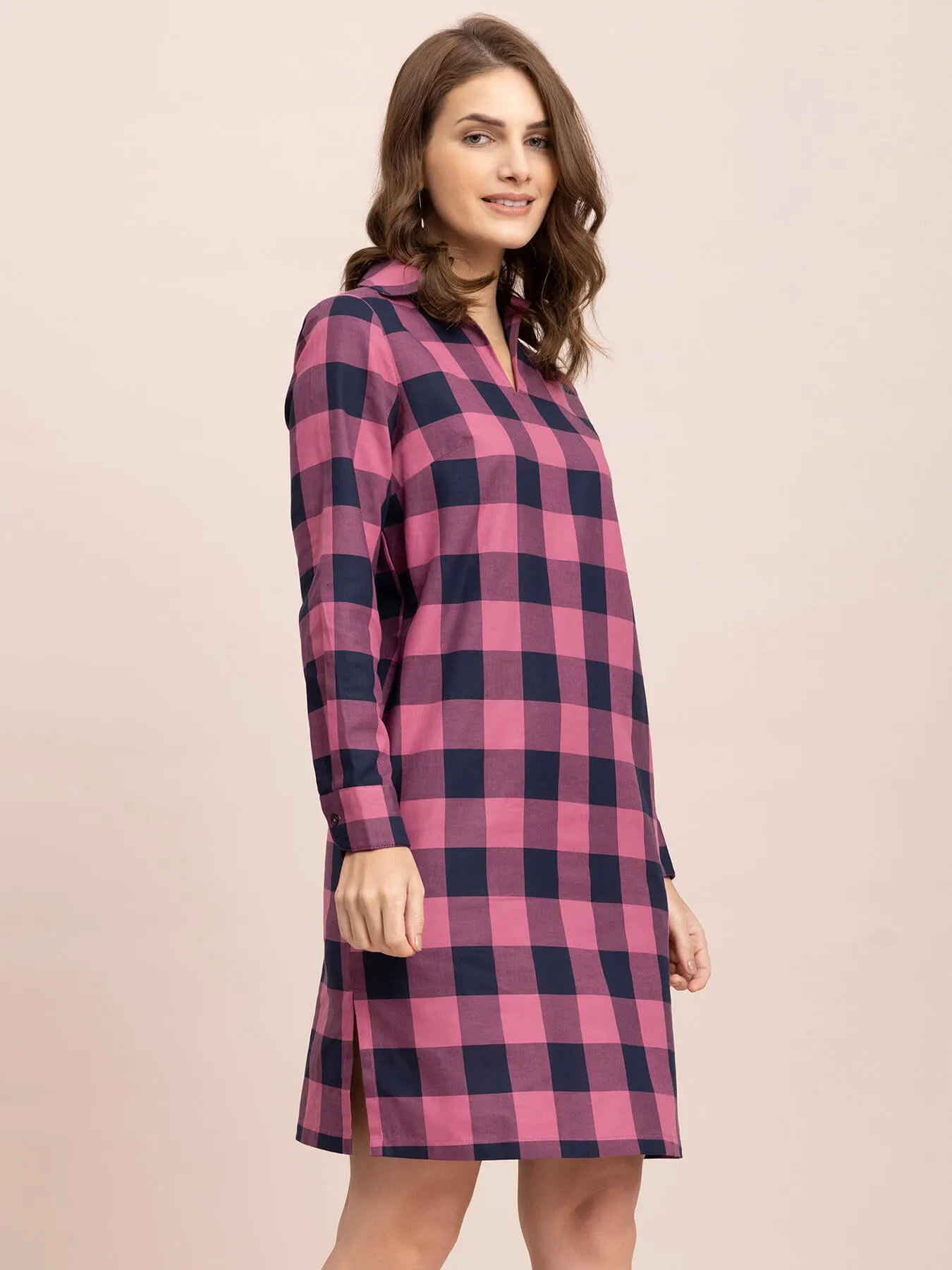 Cotton Checkered Shift Dress - Pink and Navy