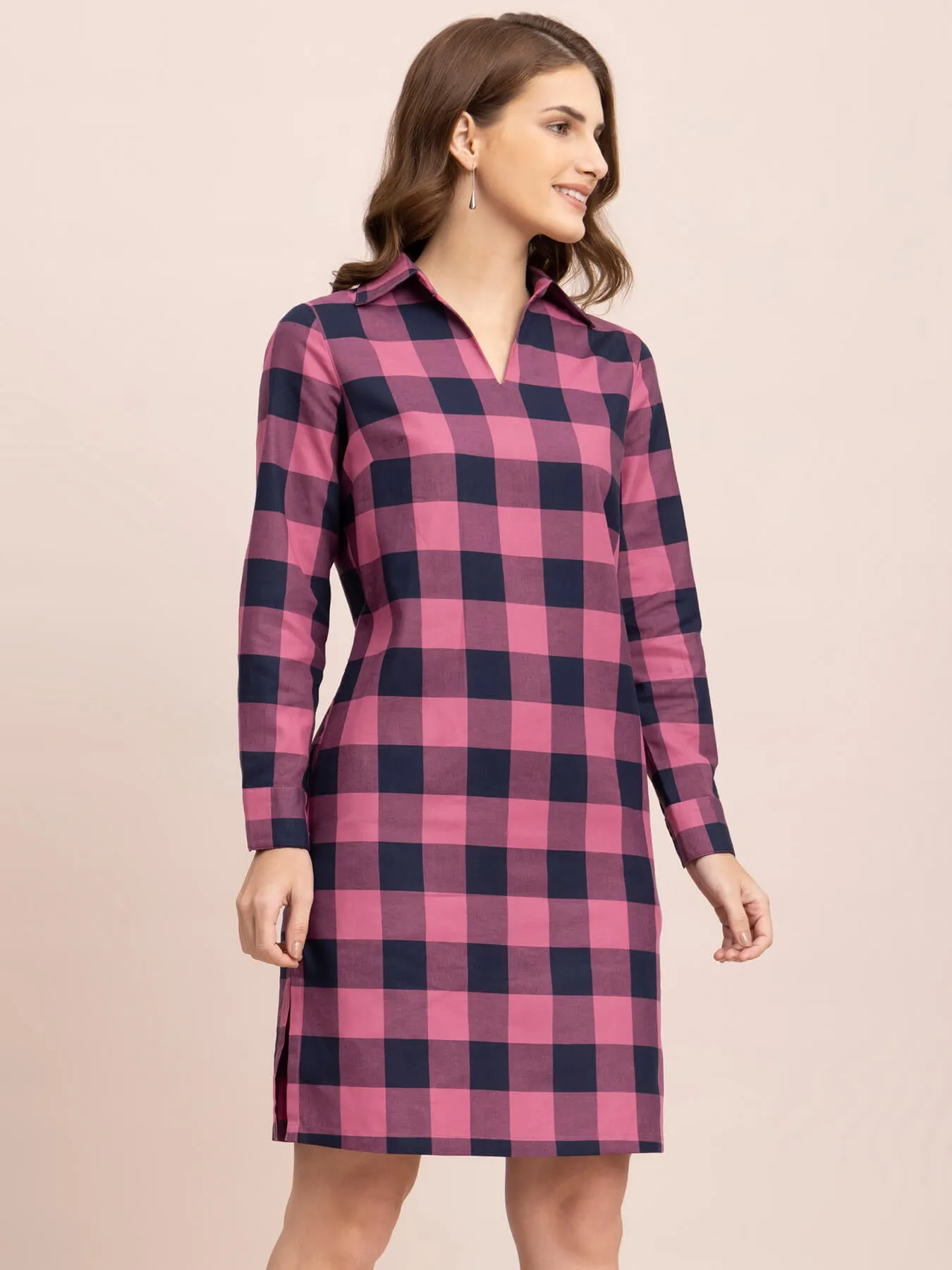 Cotton Checkered Shift Dress - Pink and Navy