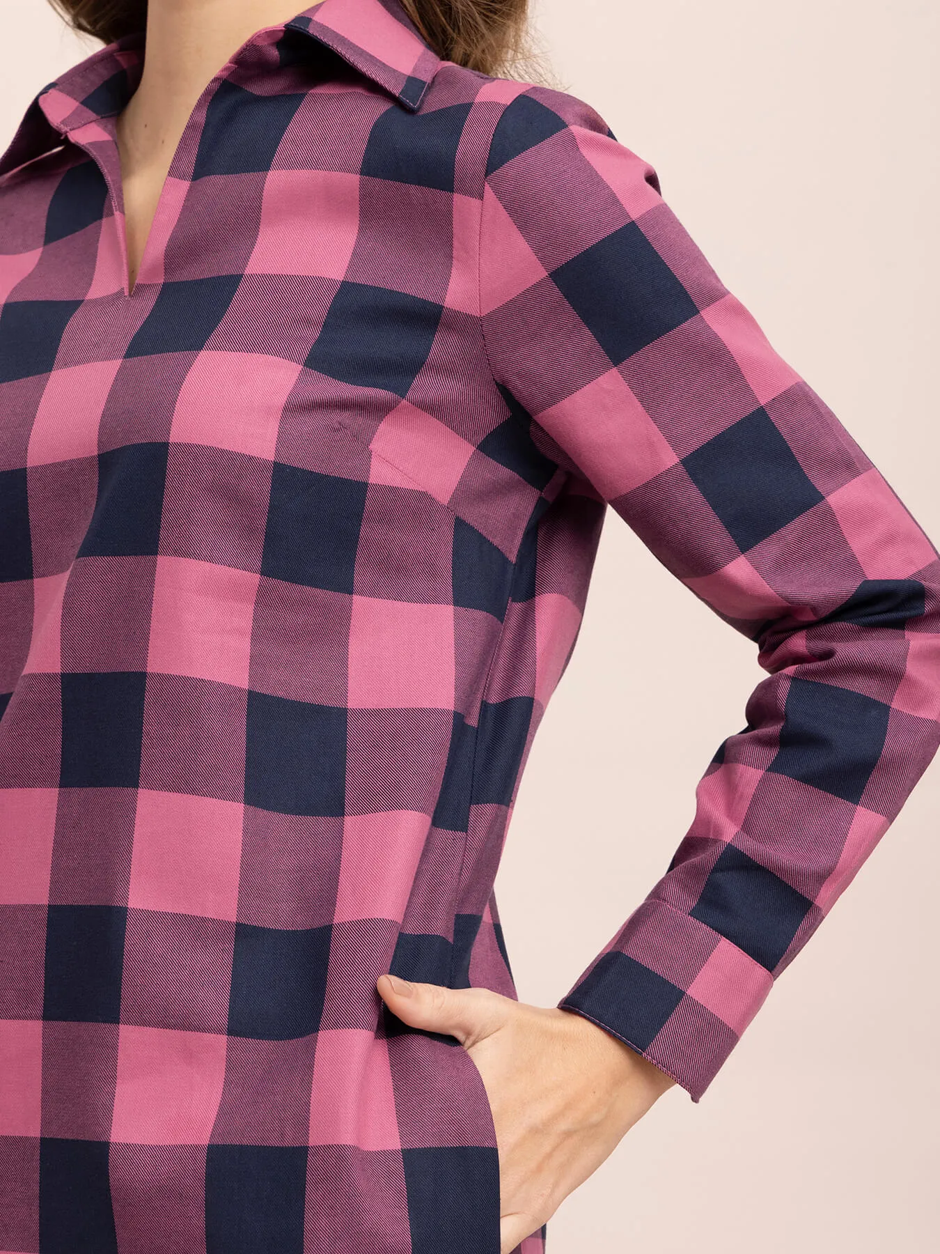 Cotton Checkered Shift Dress - Pink and Navy