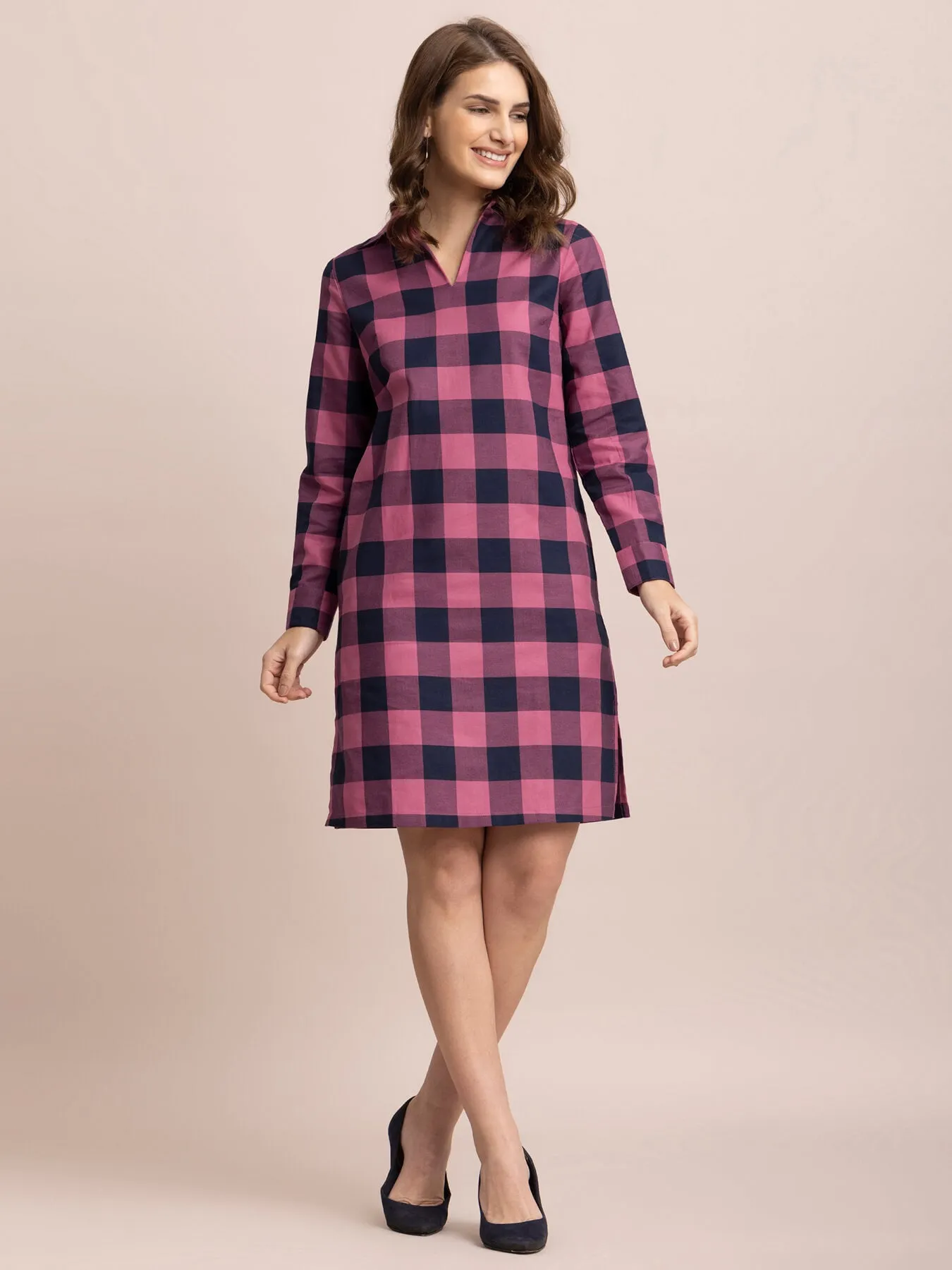 Cotton Checkered Shift Dress - Pink and Navy