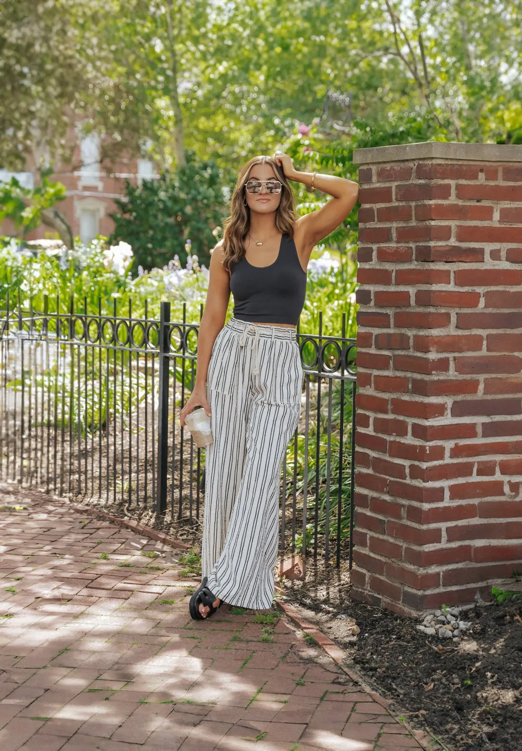 Cream Striped Linen Wide Leg Pants - FINAL SALE