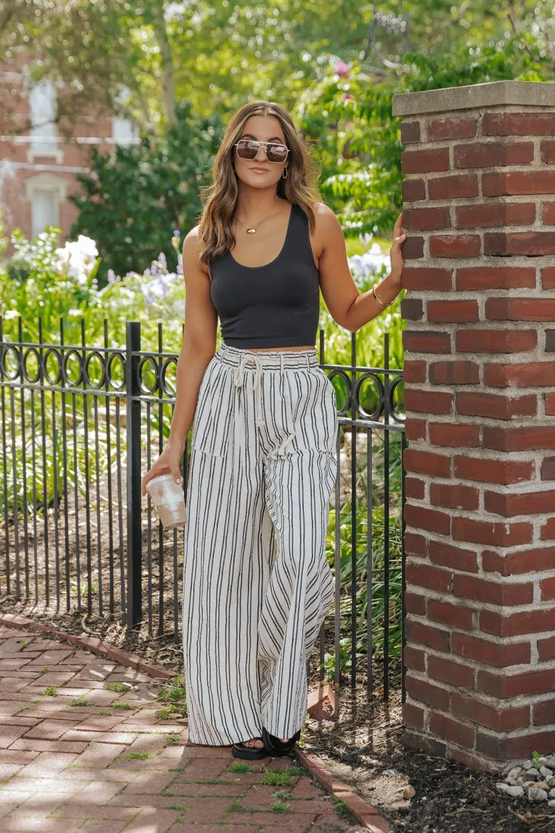 Cream Striped Linen Wide Leg Pants - FINAL SALE